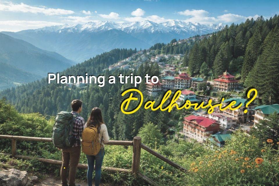 Backpackers overlooking the hill station, pine forests and snow-capped mountains in Dalhousie, Himachal Pradesh