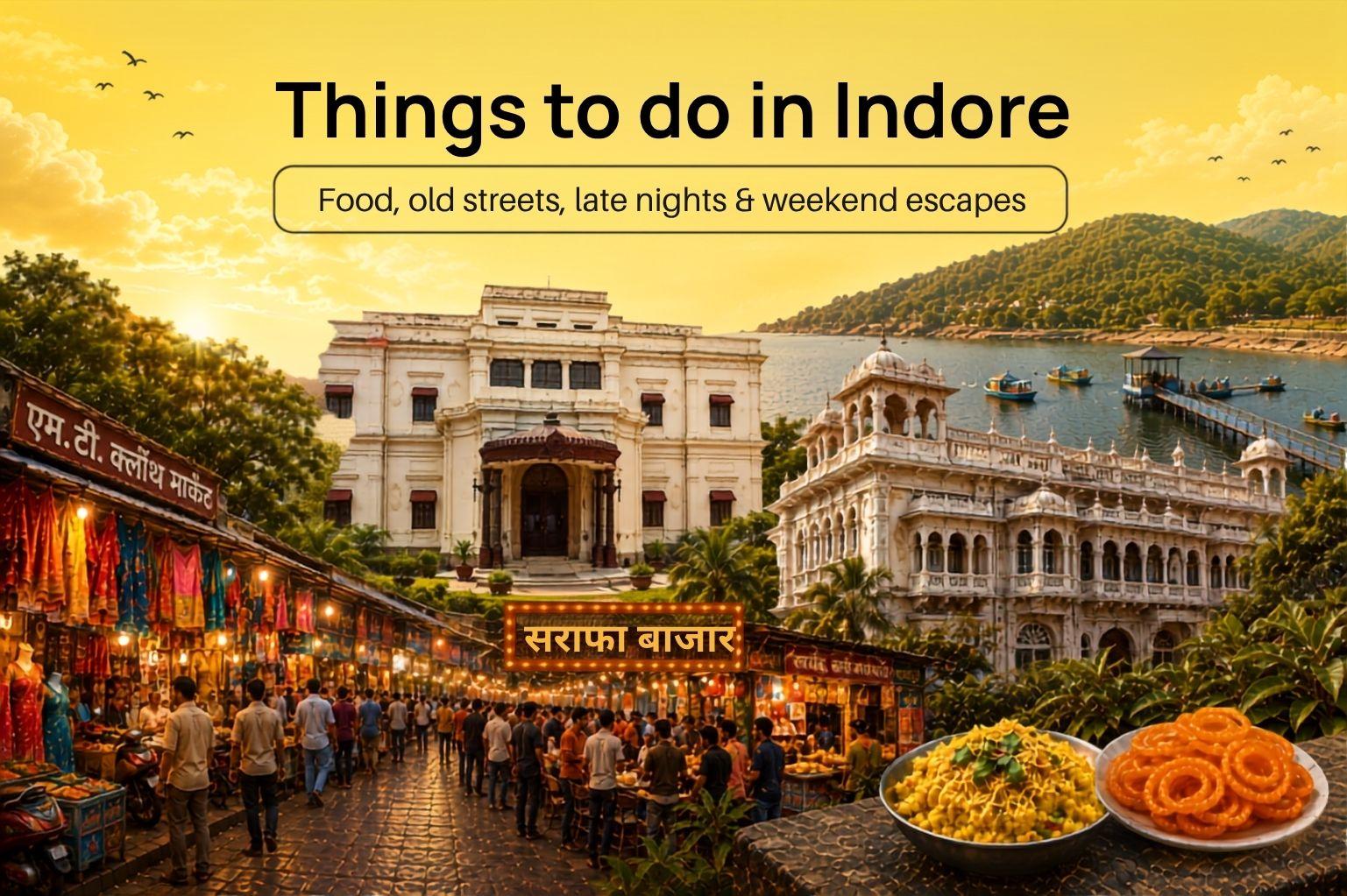Things to do in Indore featuring Lal Bagh Palace, Kanch Mandir, Sarafa Bazaar, Choral Dam, and the city’s food and shopping scene