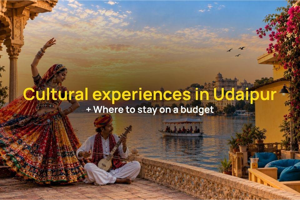 Cultural experiences in Udaipur with a traditional Rajasthani dancer and folk musician performing beside Lake Pichola at sunset, with Udaipur’s historic palace in the background